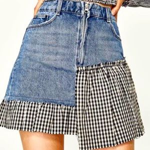 Zara Denim Jean Skirt Gingham Plaid Patchwork